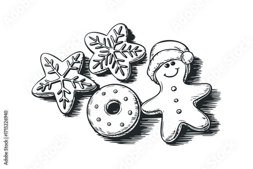 Hand drawn black and white of Christmas cookies in various shapes. Vector hand drawn