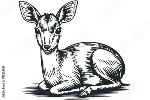 Line art fawn resting peacefully isolated on white,. Vector hand drawn