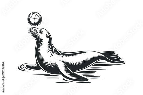 Seal balancing sphere on nose in black and white graphic style. Vector hand drawn