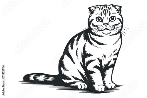 Scottish Fold Cat sitting, monochrome graphic on transparent. Vector hand drawn