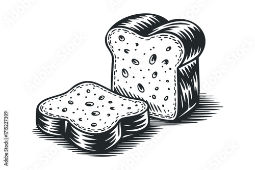 Black and White Engraving Style Sliced Bread on White. Vector hand drawn