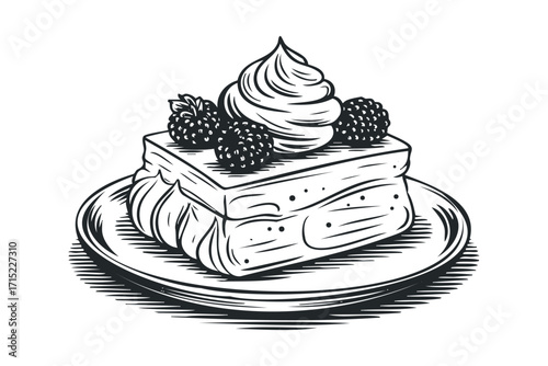Sketch of layered pastry with whipped cream and berries on a plate. Vector hand drawn