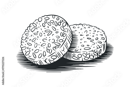 Two round cookies with crunchy texture. Vector hand drawn