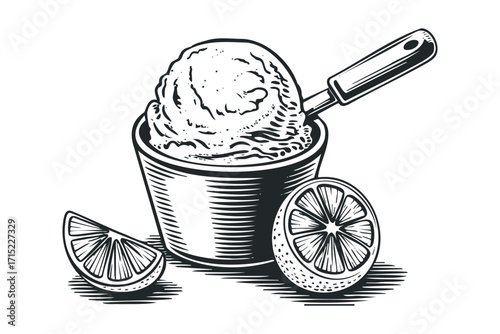 Scoop of ice cream in cup with lemon slice. Vector hand drawn