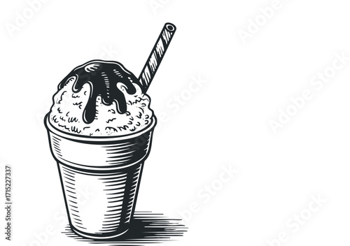 Iced beverage with shaved ice, syrup, and straw on transparent. Vector hand drawn