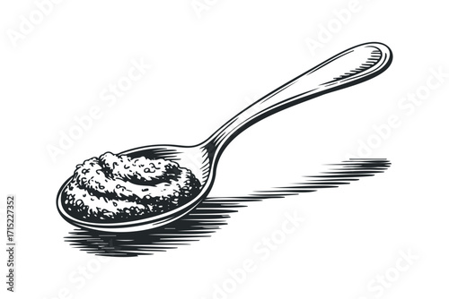 Spoon filled with coarse paste and shadow. Vector hand drawn