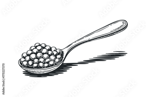 Vintage Spoon Filled With Small Spheres. Vector hand drawn