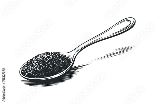 Monochromatic spoon filled with black caviar illustration on transparent background. Vector hand drawn