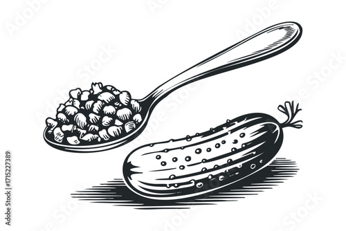 Pickle and Spoon Filled with Chickpeas. Vector hand drawn