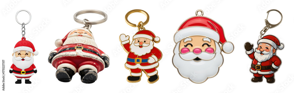 Fototapeta premium Santa Claus keychains set including cartoon, traditional, enamel, and rubber styles isolated. Holiday accessories and festive gifts.