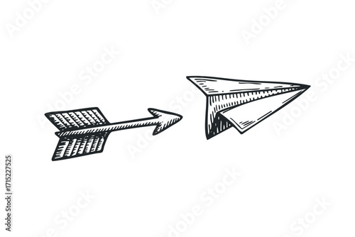 Sketch of an arrow hitting a paper airplane on a transparent background. Vector hand drawn