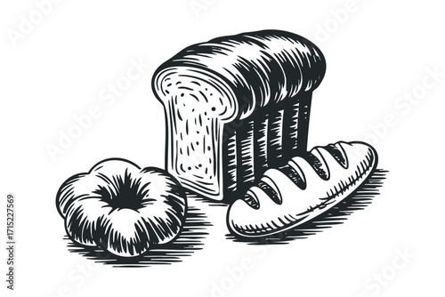 Loaf of Bread and Round Bun. Vector hand drawn