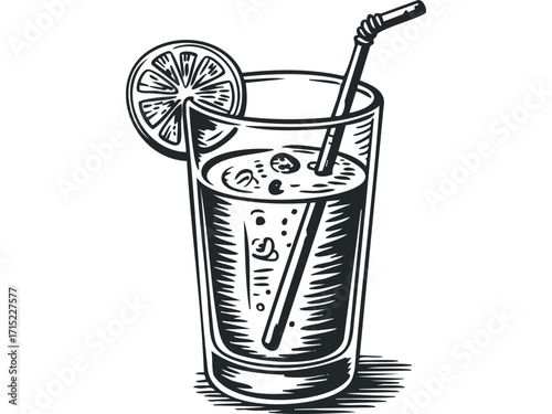 Glass of refreshing beverage with citrus slice and straw. Vector hand drawn