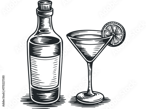 Black and white line drawing of a cocktail bottle and martini glass with lime slice. Vector hand drawn