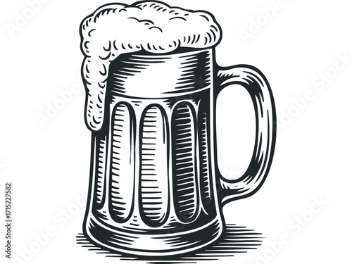 Vintage Beer Mug with Frothy Head. Vector hand drawn