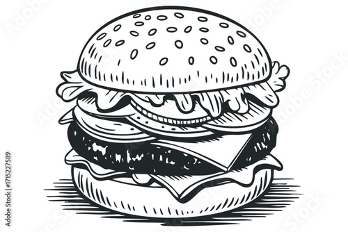 Hand drawn hamburger with sesame seeds on a bun. Vector hand drawn