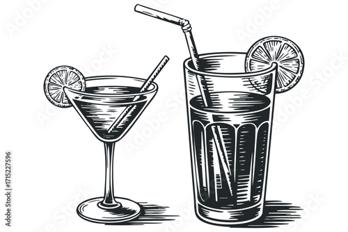 Two refreshing drinks with citrus slices and straws. Vector hand drawn