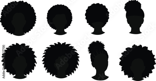 Natural hair silhouette, afro puff, curly hairstyle, coily texture, black beauty, twist out, bun styles, diverse hair icons, cultural pride, hairstyle vector, afrocentric 
