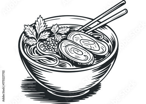 Stylized sketch of ramen with chopsticks and garnishes on transparent background. Vector hand drawn