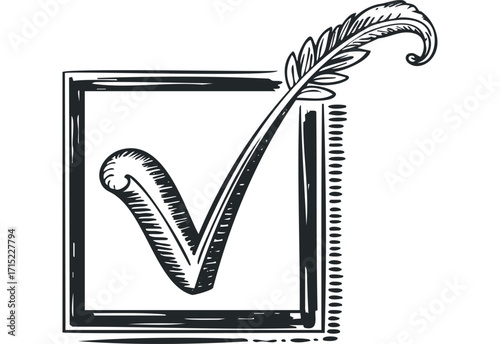 Hand Drawn Quill Pen Check Mark Symbol on Transparent Background. Vector hand drawn