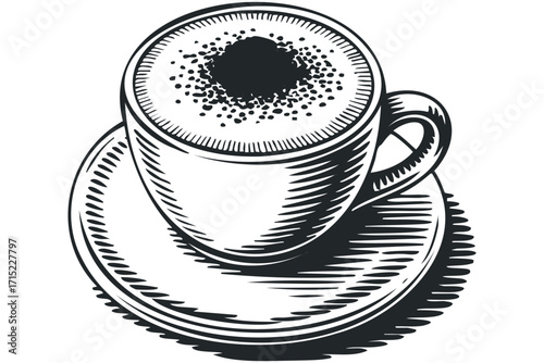 Coffee Cup With Saucer And Froth. Vector hand drawn