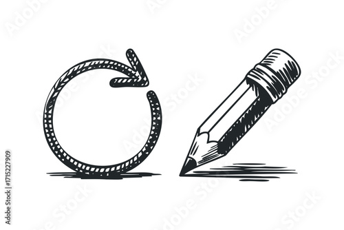 Hand drawn sketch of pencil and circular arrow symbol on white. Vector hand drawn