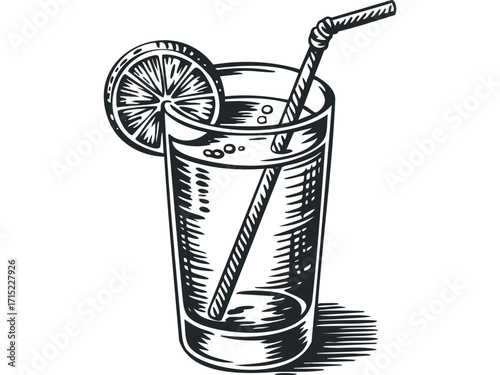 Highball glass with lemon slice and straw on transparent background. Vector hand drawn