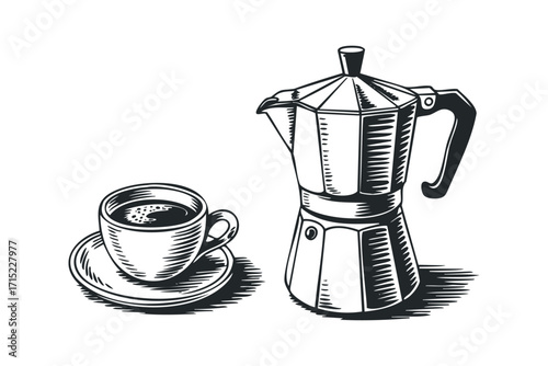 Espresso maker and cup of coffee on a transparent. Vector hand drawn