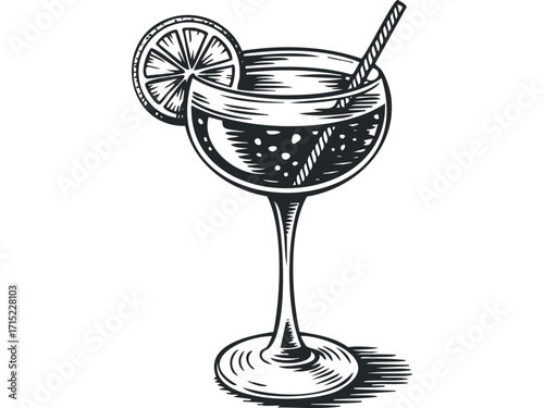 Cocktail glass with lemon slice and straw. Vector hand drawn