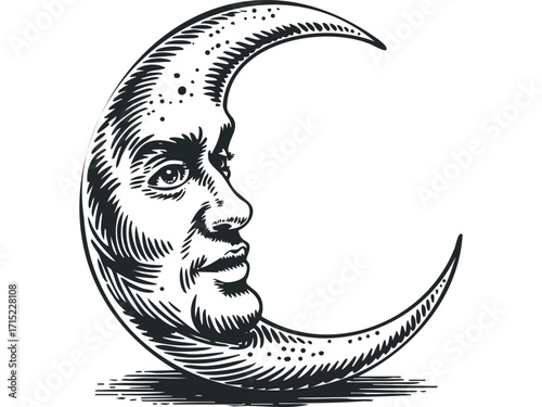 Personage Crescent Moon Celestial Face Portrait Transparent. Vector hand drawn