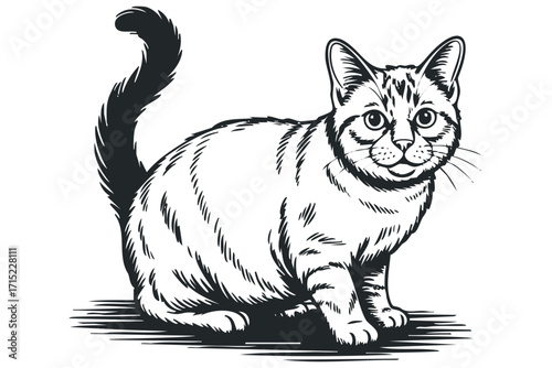 Tabby cat sitting on its haunches with a striped tail raised. Vector hand drawn