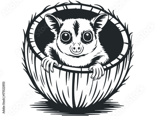 Cute lemur peeking out of coconut shell on transparent background. Vector hand drawn