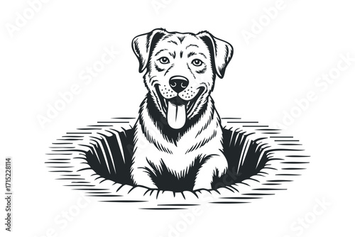 Happy dog peeking out of hole. Vector hand drawn