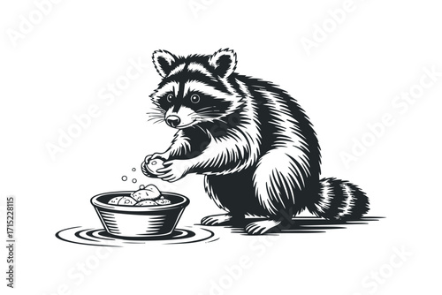 Cute raccoon washing food in a bowl of water. Vector hand drawn
