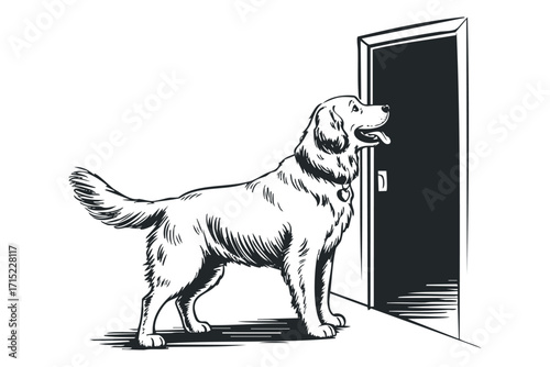 Dog Waiting at Open Doorline Transparent. Vector hand drawn