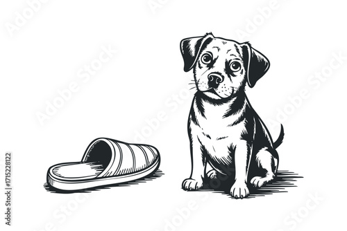 Young puppy sitting next to a slipper on transparent background. Vector hand drawn