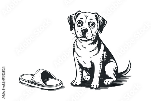 Puppy sitting next to a slipper on a transparent background. Vector hand drawn
