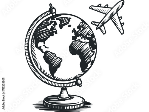Hand drawn globe and airplane travel concept on transparent background. Vector hand drawn