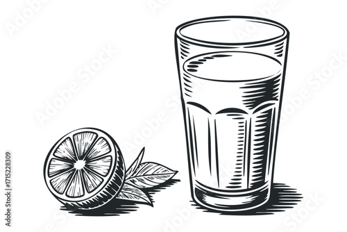 Glass of liquid next to orange slice with leaves on transparent background. Vector hand drawn