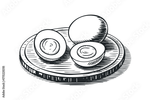 Whole and halved boiled eggs on a wooden board. Vector hand drawn