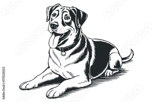 Friendly dog lying down with tongue out. Vector hand drawn