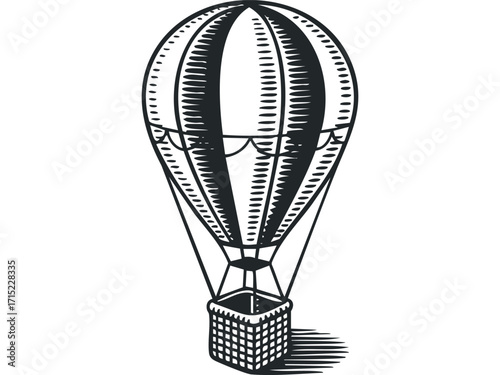 Vintage hot air balloon with basket on transparent background. Vector hand drawn