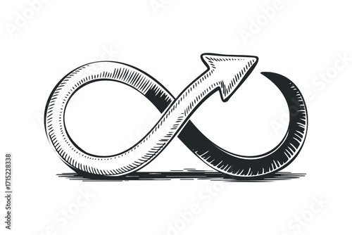 Infinity loop arrow symbol with hatching texture. Vector hand drawn