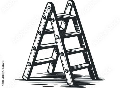 Wooden stepladder icon on white. Vector hand drawn