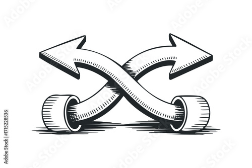 Two intertwined arrows pointing in opposite directions on a transparent background. Vector hand drawn