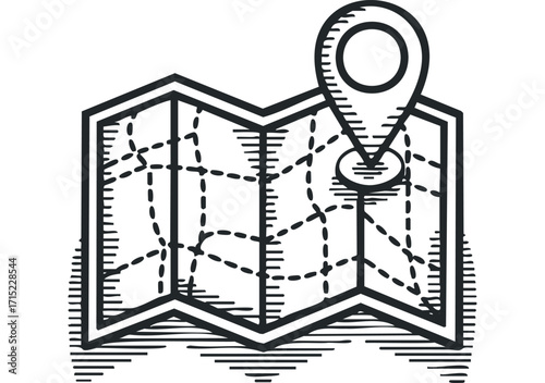 Folded map with a location pin icon on a transparent background. Vector hand drawn