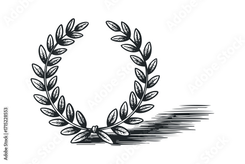 Laurel wreath graphic on transparent background with woodcut texture. Vector hand drawn