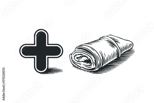 Plus symbol and rolled towel vector icon on transparent background. Vector hand drawn