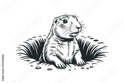 Groundhog peeking out of burrow entrance. Vector hand drawn