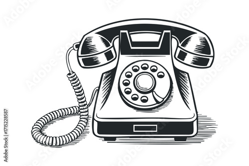 Rotary dial telephone with coiled cord isolated on transparent. Vector hand drawn
